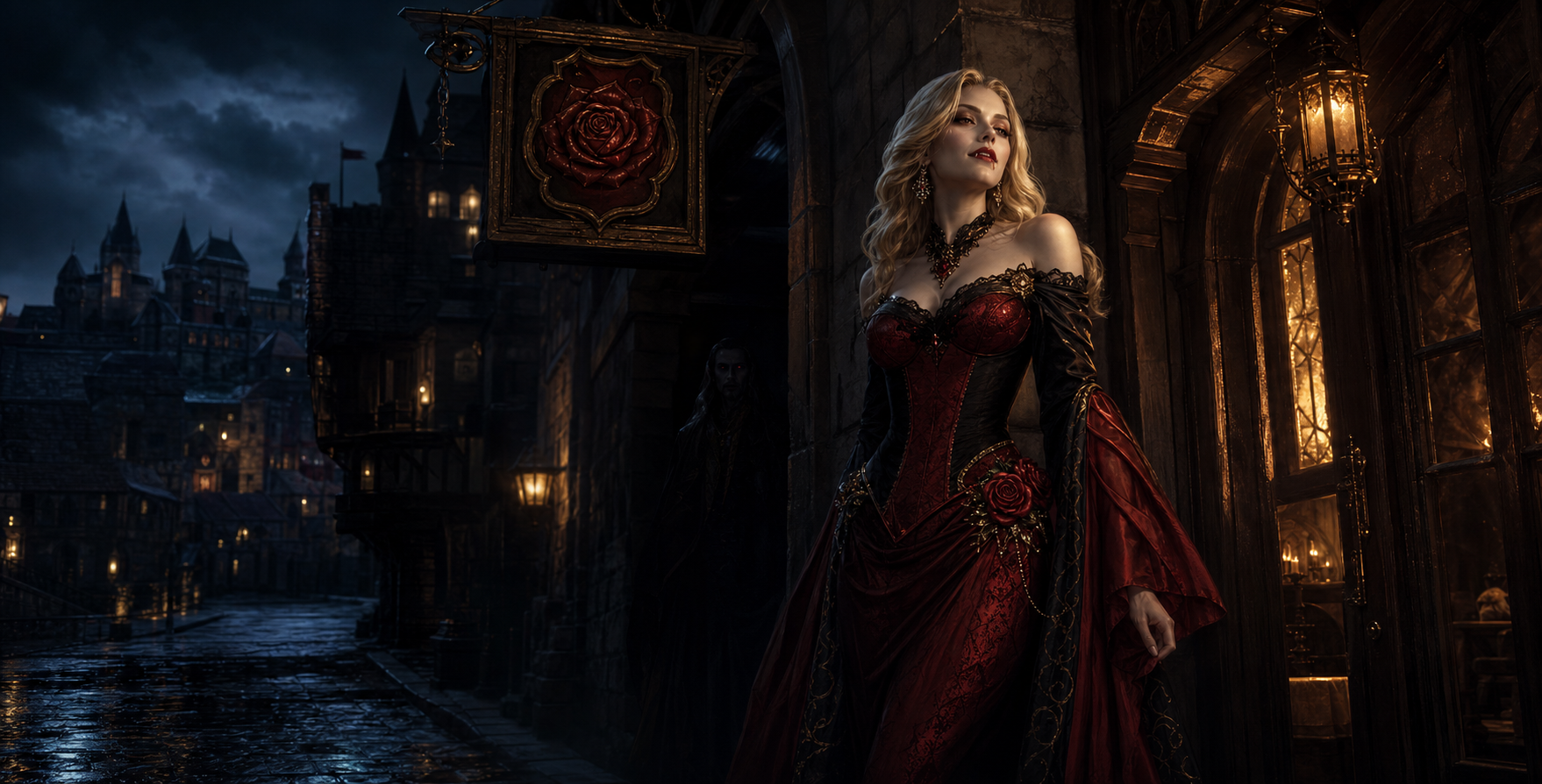 Antonia Sartori outside the Gilded Rose at dusk while a vampire watches from the shadows